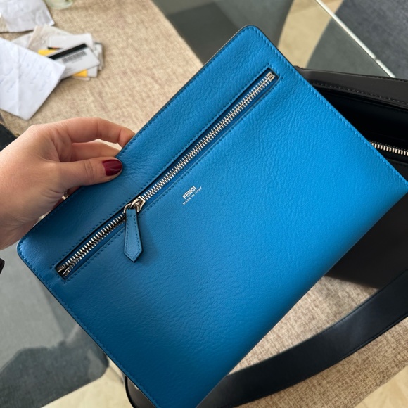 FENDI  Vitello Baltico Dolce DotCom Satchel Black Blue Royal - Picture 7 of 9